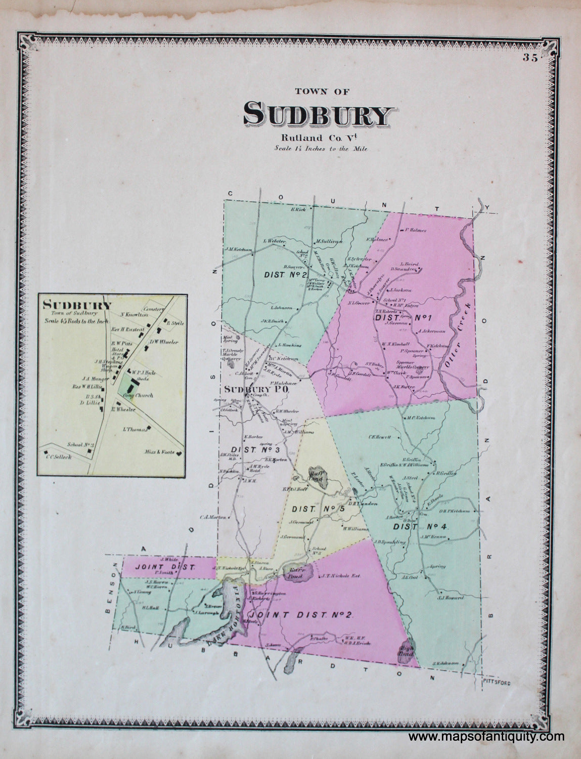 Antique-Hand-Colored-Map-Sudbury-VT---Vermont-United-States-Northeast-1869-Beers-Maps-Of-Antiquity