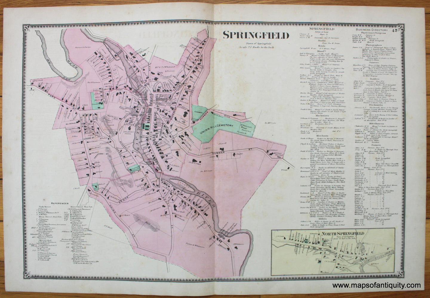 Genuine-Antique-Hand-colored-Map-Springfield-VT-Vermont-1869-Beers-Maps-Of-Antiquity