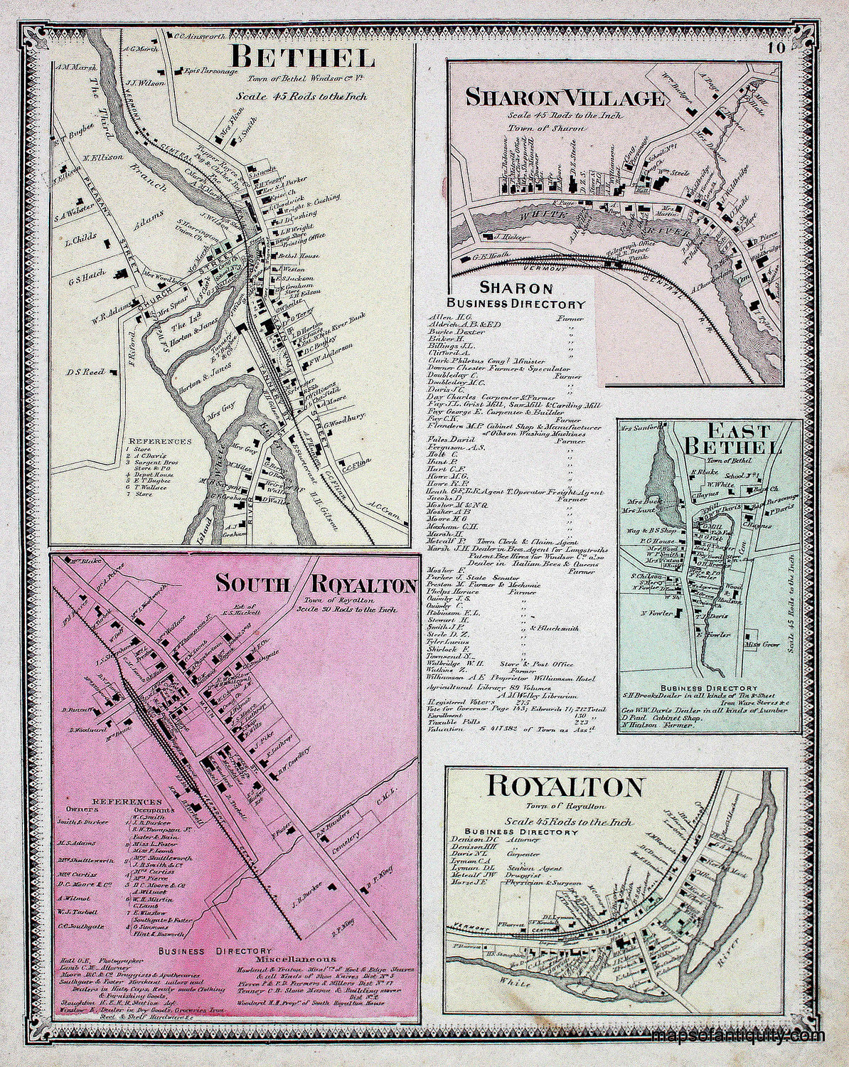 Antique-Hand-Colored-Map-Bethel-Royalton-Sharon-Village-VT-Vermont--1869-Beers-Ellis-&-Soule-Maps-Of-Antiquity