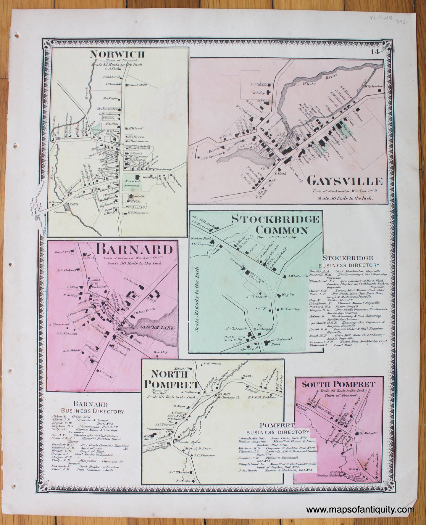 Antique-Hand-Colored-Map-Norwich-N.-Pomfret-S.-Pomfret-Stockbridge-Common-Barnard-Gayville-VT-1869-Beers-1800s-19th-century-Maps-of-Antiquity