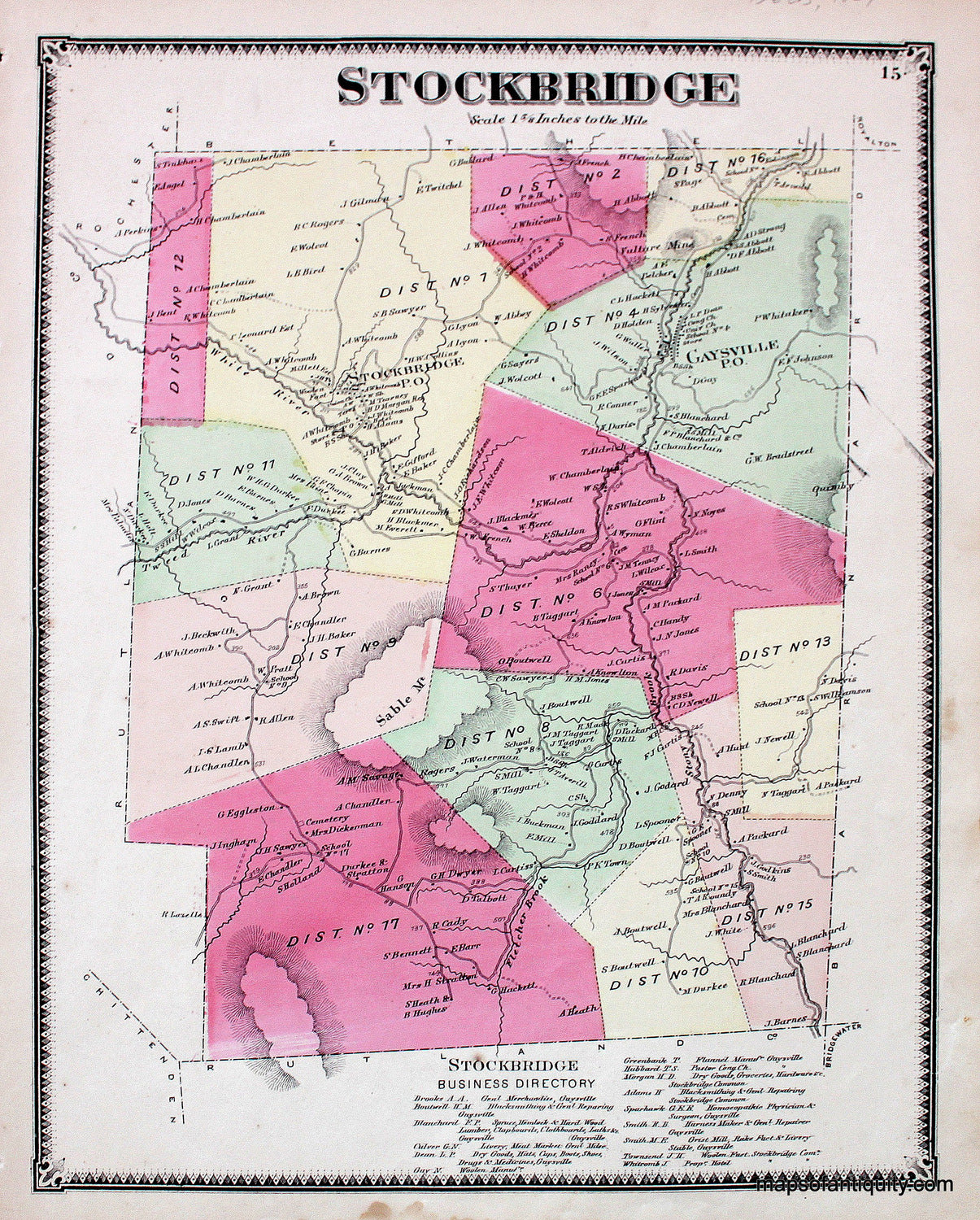 Antique-Hand-Colored-Map-Stockbridge-VT-Vermont--1869-Beers-Ellis-&-Soule-Maps-Of-Antiquity