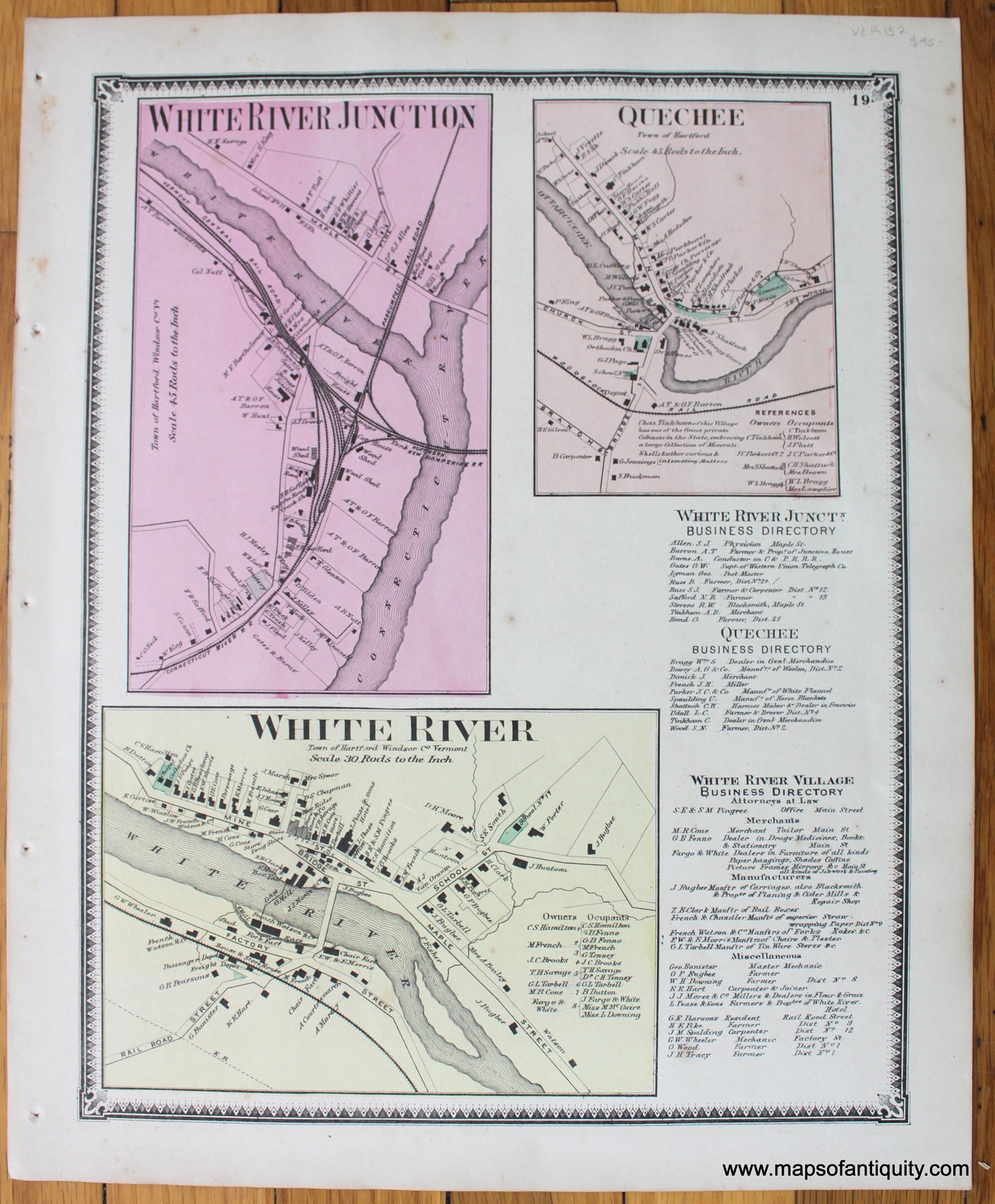 Antique-Hand-Colored-Map-White-River-White-River-Junction-Quechee-VT-1869-Beers-1800s-19th-century-Maps-of-Antiquity
