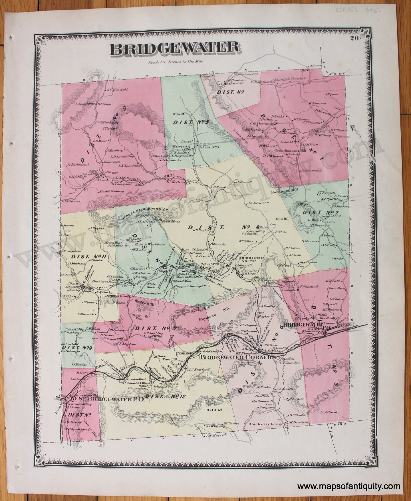 Antique-Hand-Colored-Map-Bridgewater-VT--Vermont--1869-Beers-Ellis-&-Soule-Maps-Of-Antiquity