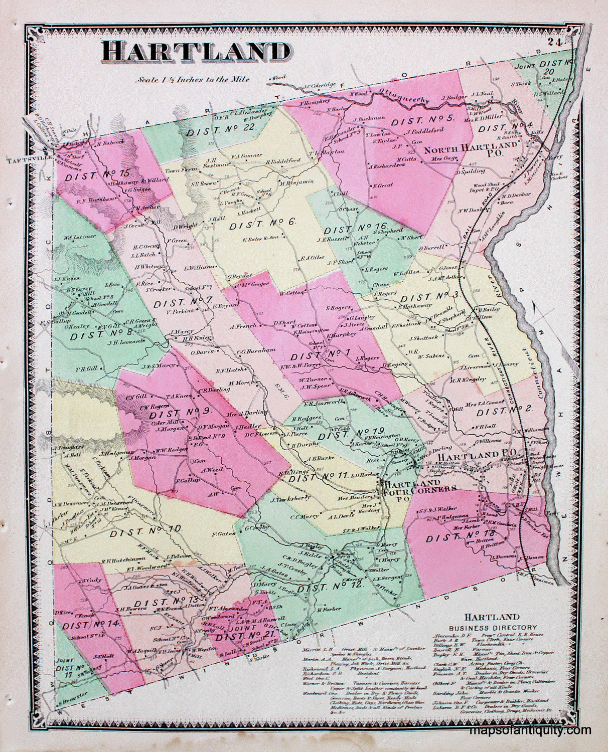 Antique-Hand-Colored-Map-Hartland-(VT)-Vermont--1869-Beers-Ellis-&-Soule-Maps-Of-Antiquity