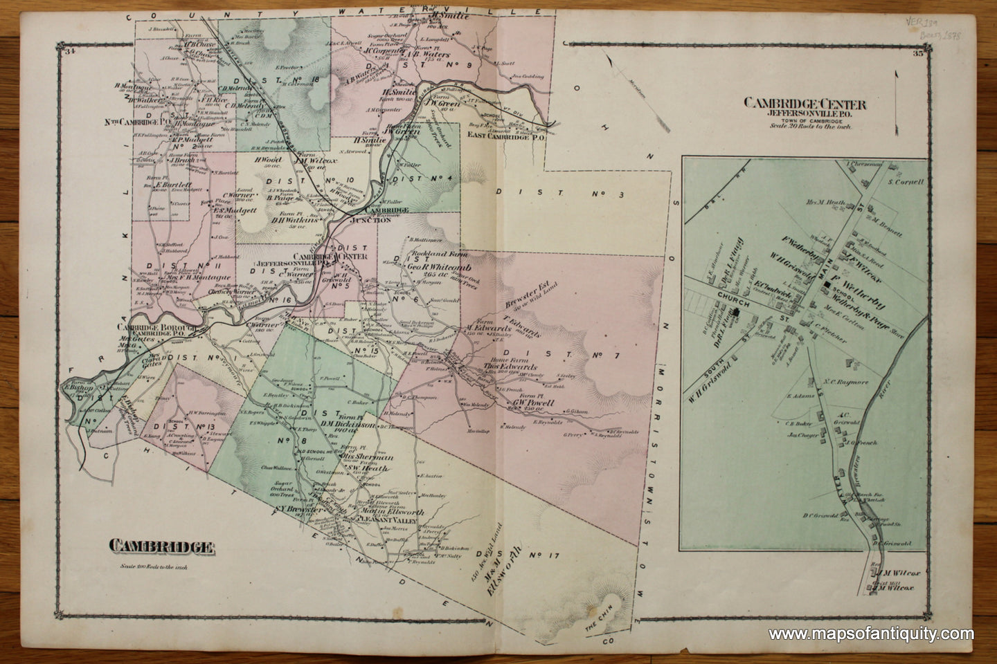 Antique-Hand-Colored-Map-Cambridge-Cambridge-Center-Jeffersonville-P.O.-Verso:-Cambridge-Borough-and-Morrisville-(VT)-United-States-Northeast-1878-Beers-Maps-Of-Antiquity