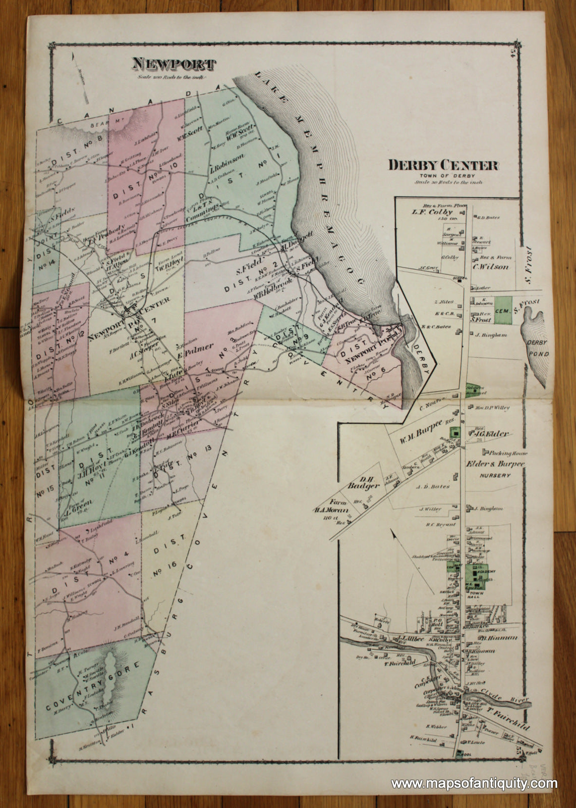 Antique-Hand-Colored-Map-Newport-Derby-Center-Verso:-Derby-and-Derby-Line-United-States-Northeast-1878-Beers-Maps-Of-Antiquity