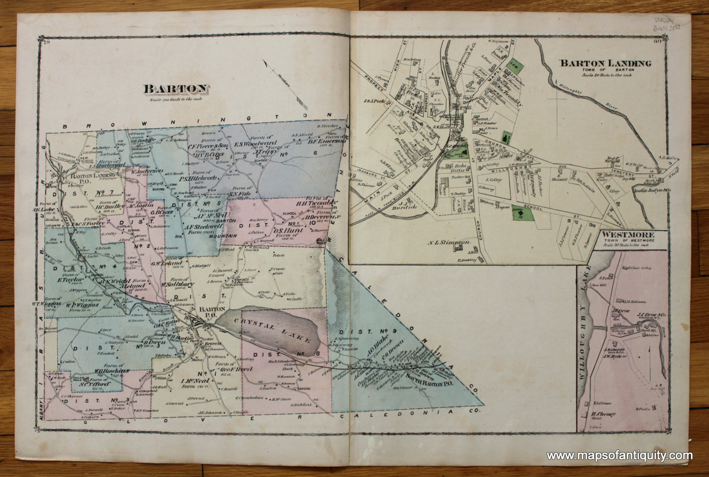 Antique-Hand-Colored-Map-Barton-Barton-Landing-and-Westmore-Verso:-Barton-&-Westmore-(VT)-**********-United-States-Northeast-1878-Beers-Maps-Of-Antiquity