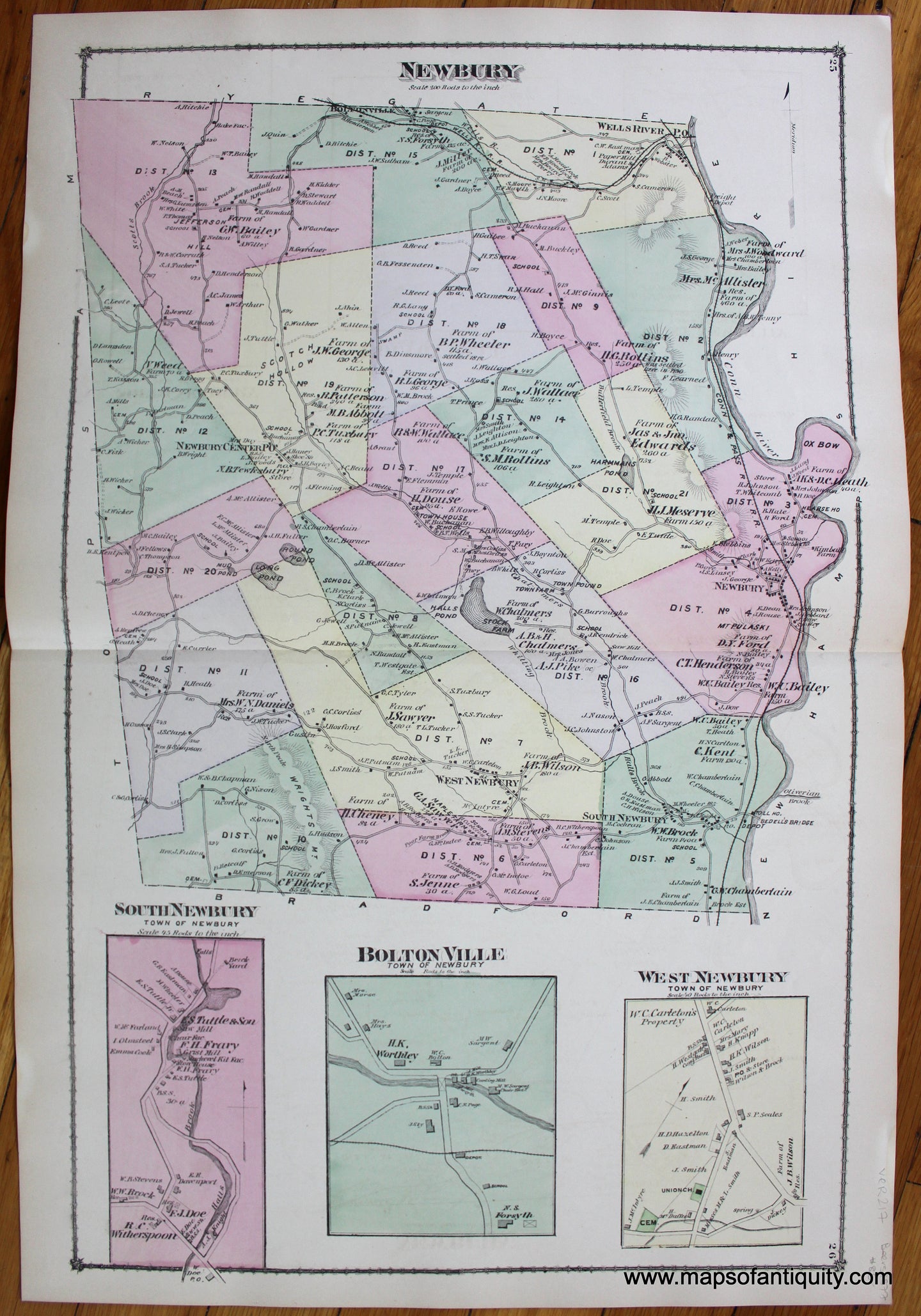 Newbury-South-Newbury-Bolton-Ville-West-Newbury-1877-Beers-Antique-Map-Vermont-Orange-County-1870s-1800s-19th-century-Maps-of-Antiquity