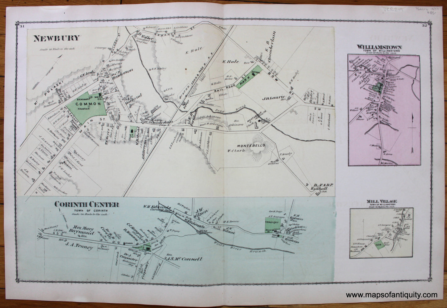 Newbury-Corinth-Center-Williamstown-Mill-Village-1877-Beers-Antique-Map-Vermont-Orange-County-1870s-1800s-19th-century-Maps-of-Antiquity