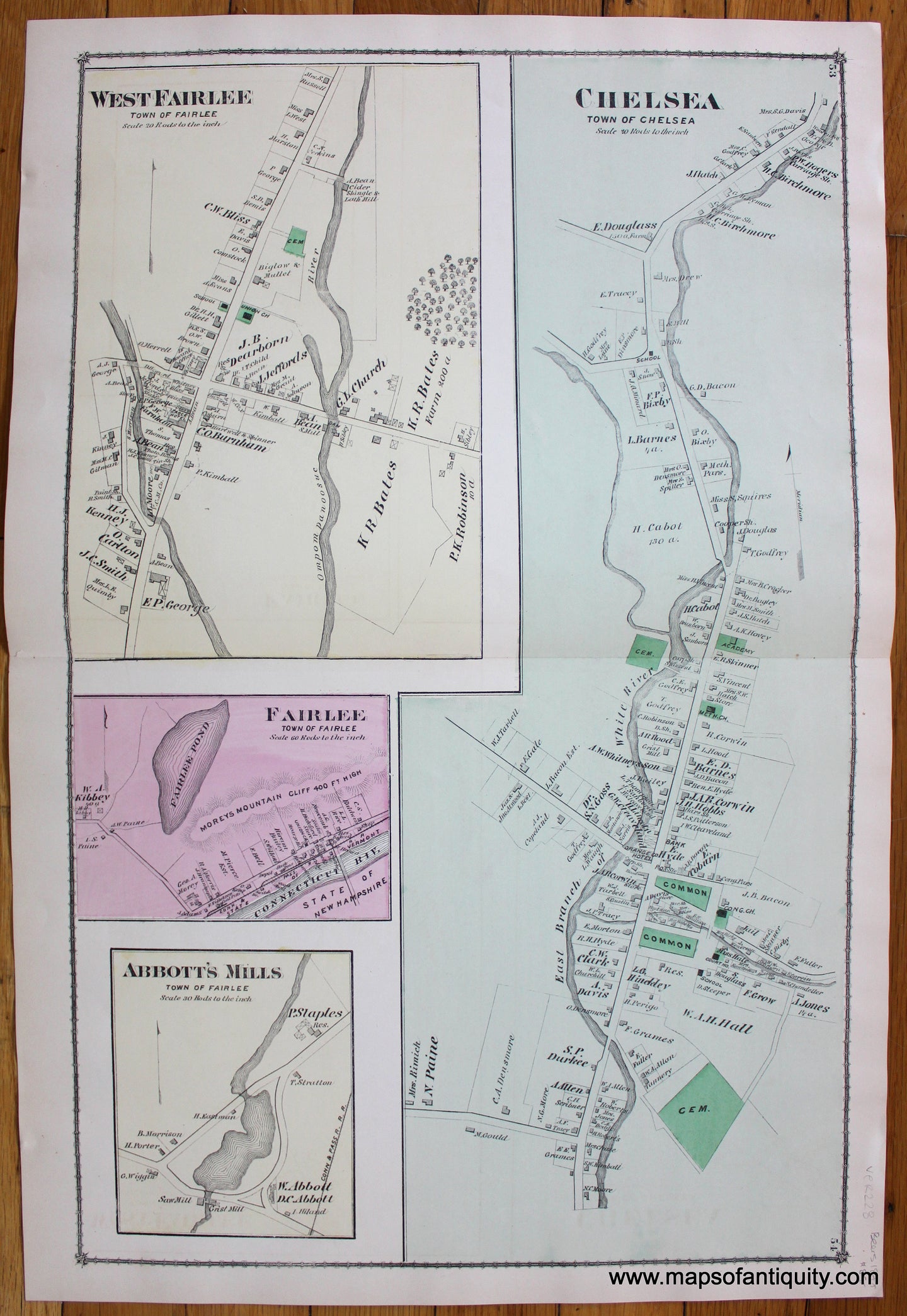 West-Fairlee-Chelsea-Fairlee-Abbot's-Mills-1877-Beers-Antique-Map-Vermont-Orange-County-1870s-1800s-19th-century-Maps-of-Antiquity