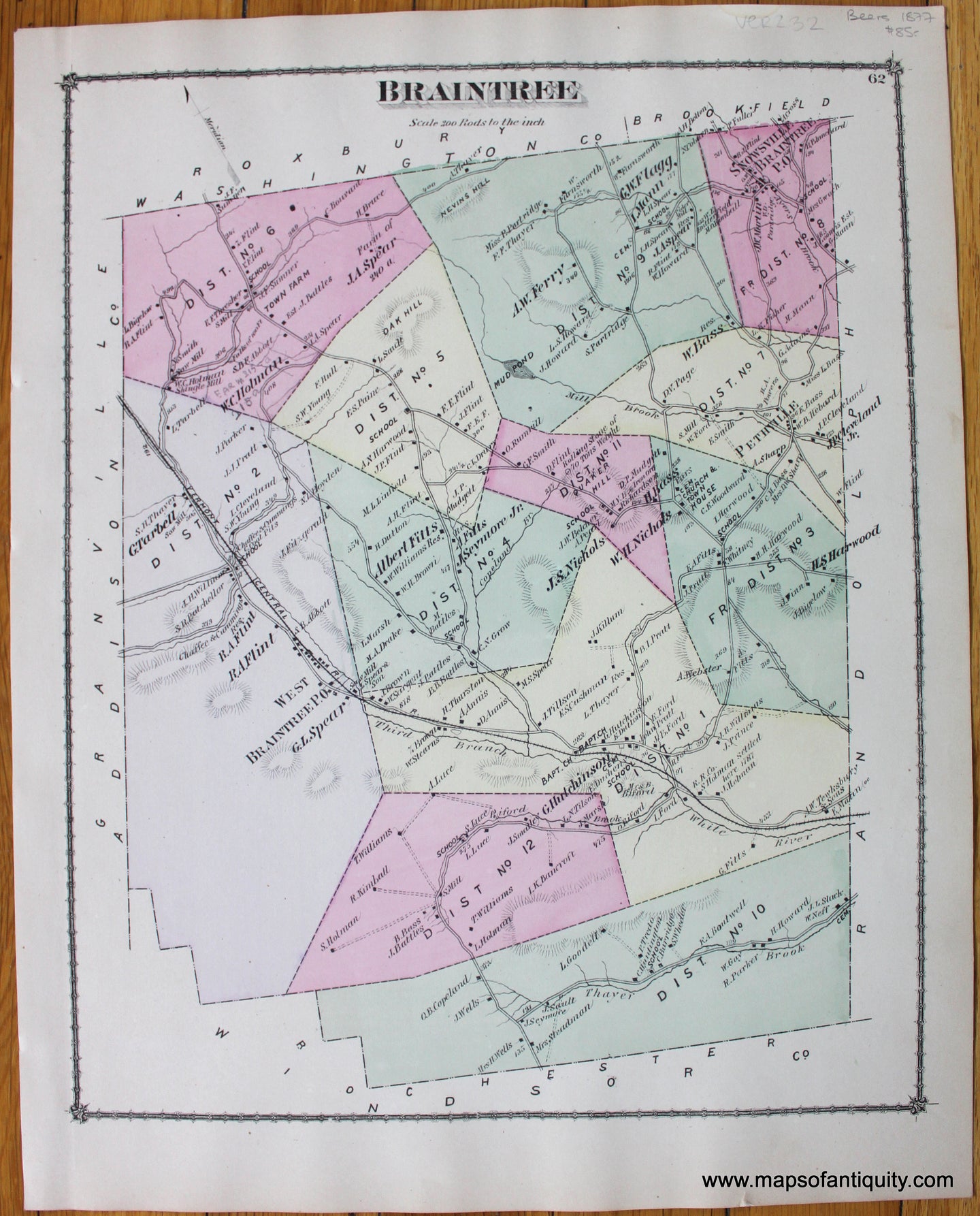 Braintree-1877-Beers-Antique-Map-Vermont-Orange-County-1870s-1800s-19th-century-Maps-of-Antiquity