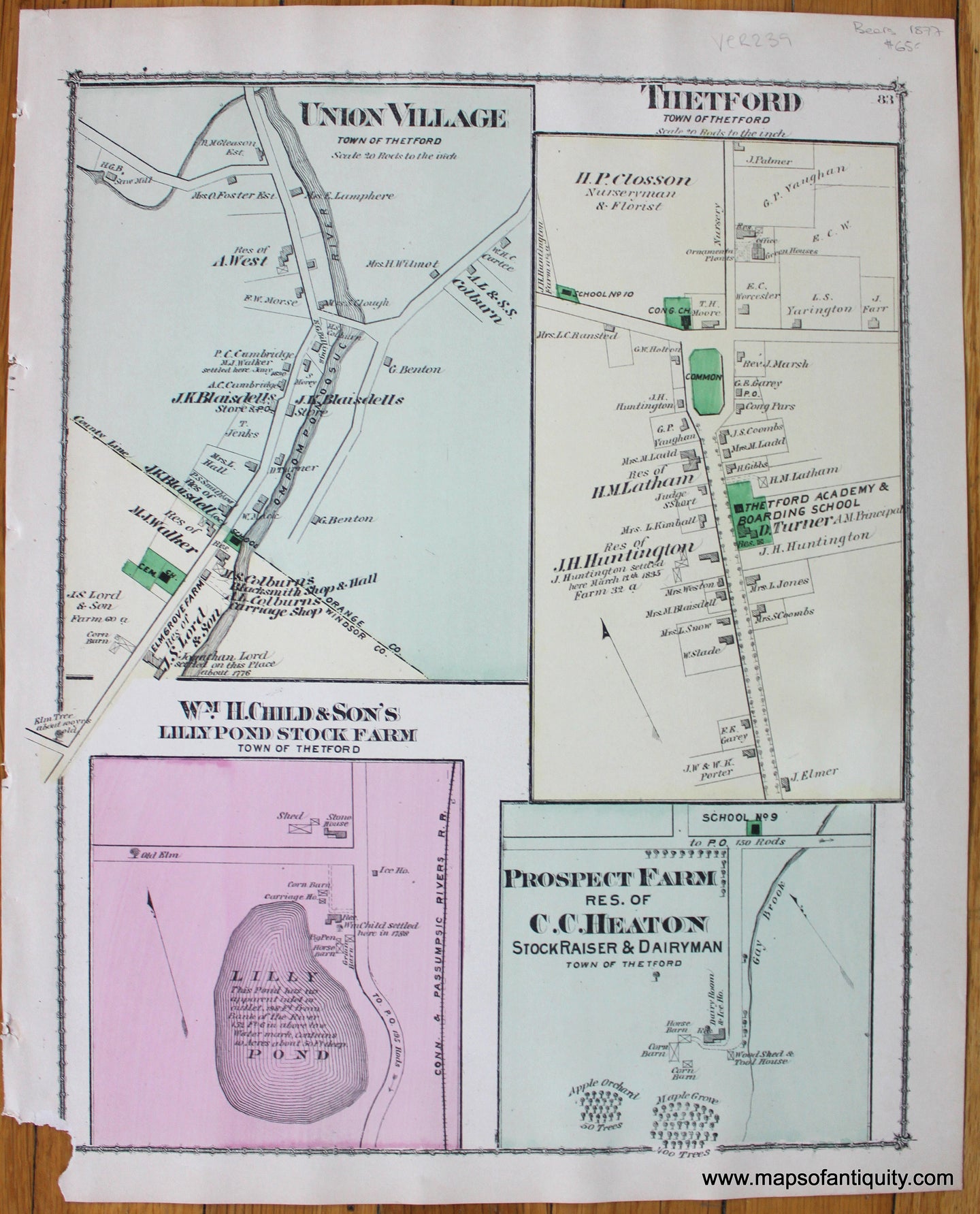 Union-Village-Thetford-Wm.-H.Child-&-Son's-Lilly-Pond-Stock-Farm-Prospect-Farm-Res.-of-C.C.-Heaton-Stock-Raiser-and-Dairyman-1877-Beers-Antique-Map-Vermont-Orange-County-1870s-1800s-19th-century-Maps-of-Antiquity