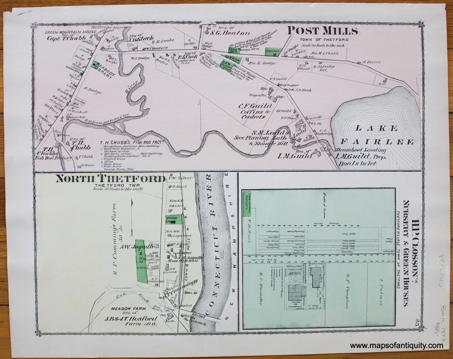 Post-Mills-H.P.-Glosson's-Nursery-&-Green-Houses-North-Thetford-1877-Beers-Antique-Map-Vermont-Orange-County-1870s-1800s-19th-century-Maps-of-Antiquity