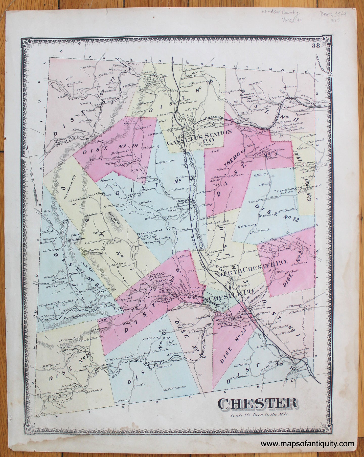 Antique-Map-Vermont-VT-Windsor-County-Town-Chester-Beers-1869-1860s-1800s-19th-Century-Maps-of-Antiquity