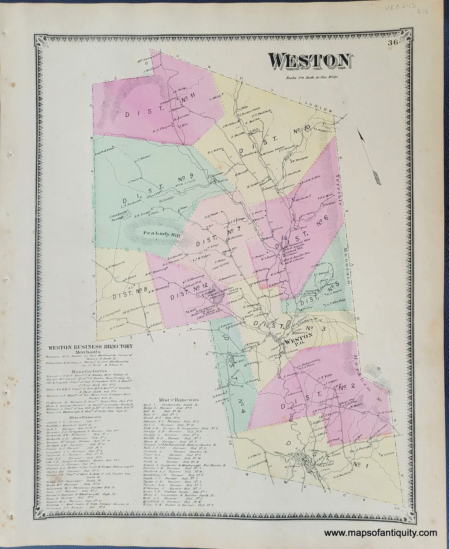 Antique-Map-Vermont-VT-Windsor-County-Town-Weston-Beers-1869-1860s-1800s-19th-Century-Maps-of-Antiquity