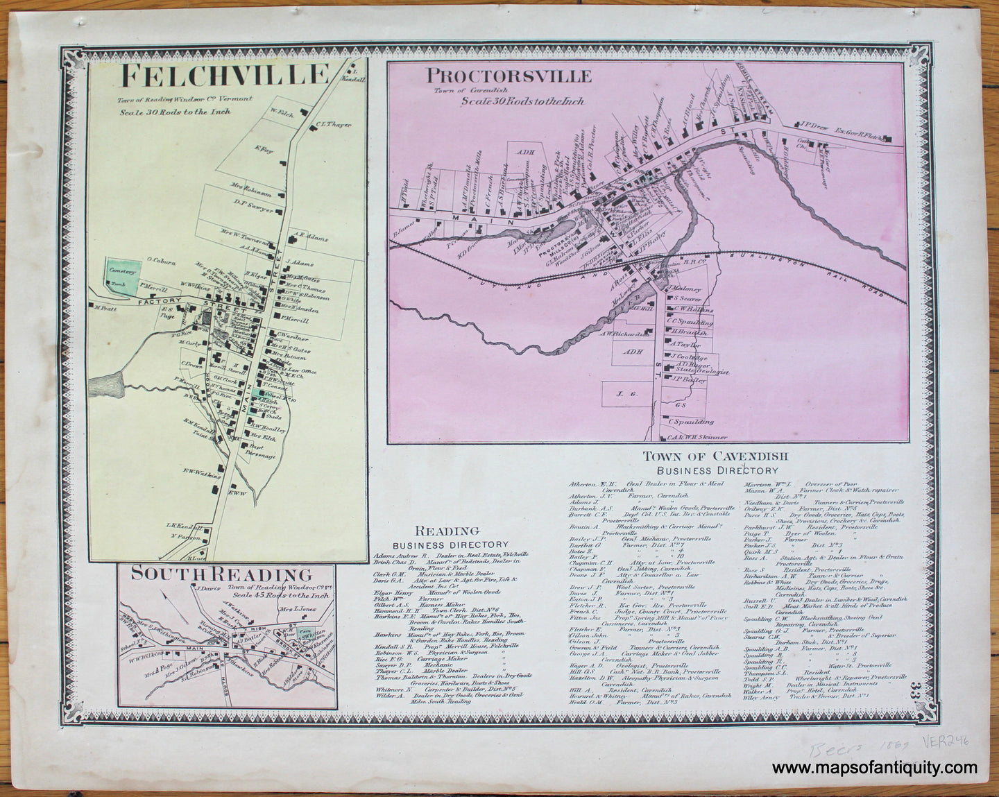 Antique-Map-Vermont-VT-Windsor-County-Town-Felchville-Proctorsville-South-Reading-Beers-1869-1860s-1800s-19th-Century-Maps-of-Antiquity