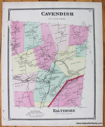 Antique-Map-Vermont-VT-Windsor-County-Town-Cavendish-Baltimore-Beers-1869-1860s-1800s-19th-Century-Maps-of-Antiquity