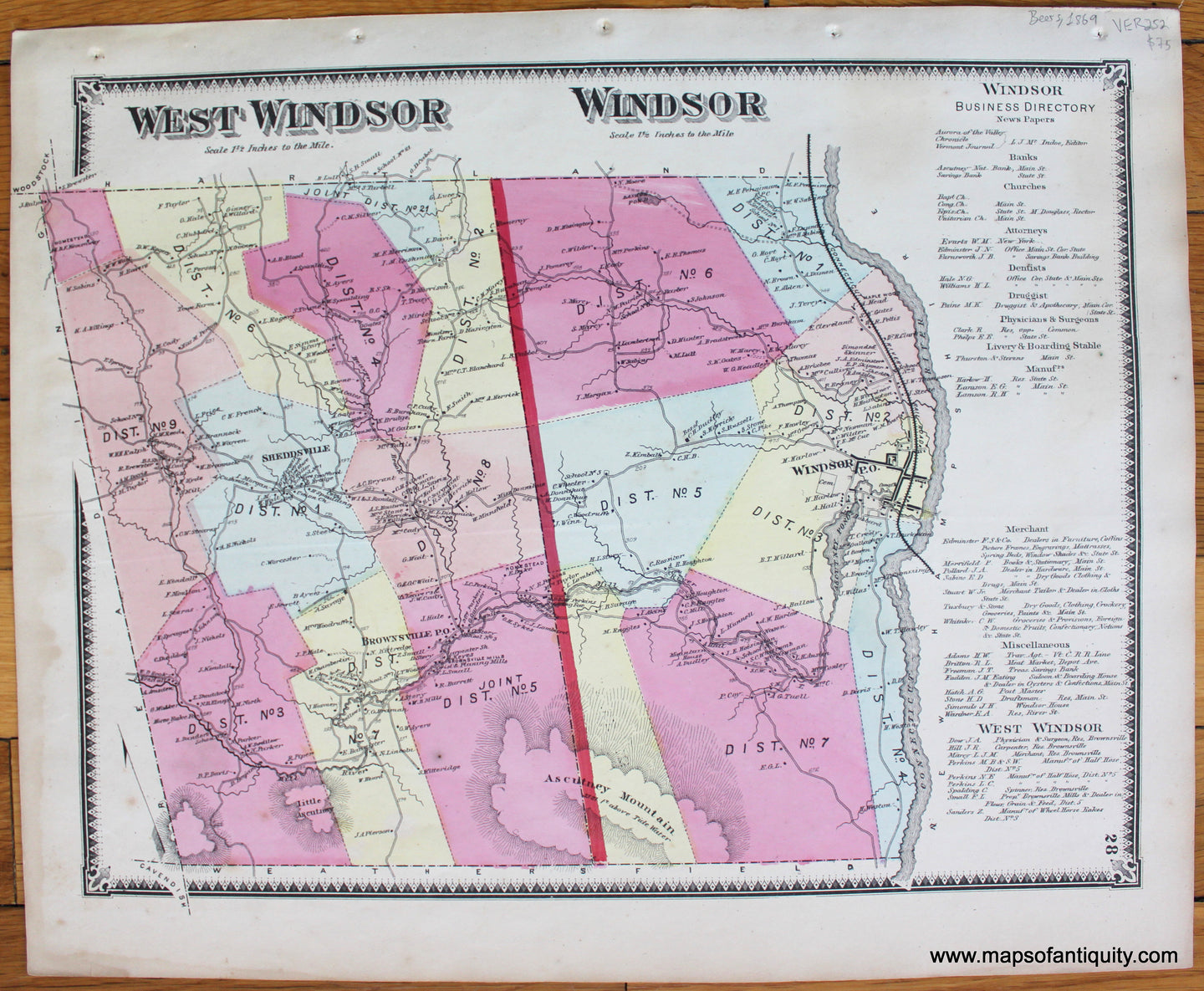 Antique-Map-Vermont-VT-Windsor-County-Town-West-Windsor-Beers-1869-1860s-1800s-19th-Century-Maps-of-Antiquity