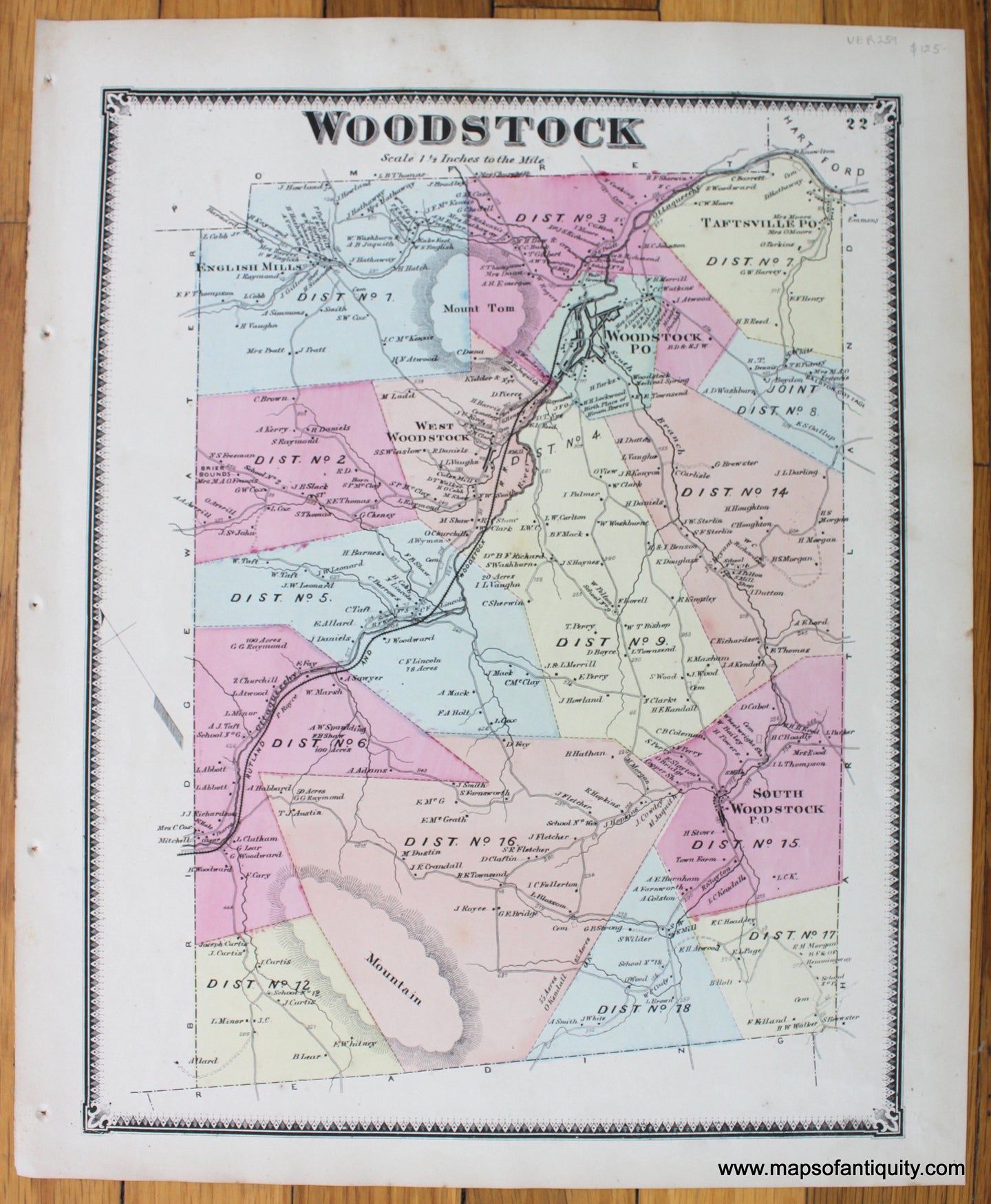 Antique-Hand-Colored-Map-Woodstock-VT-1869-Beers-1800s-19th-century-Maps-of-Antiquity