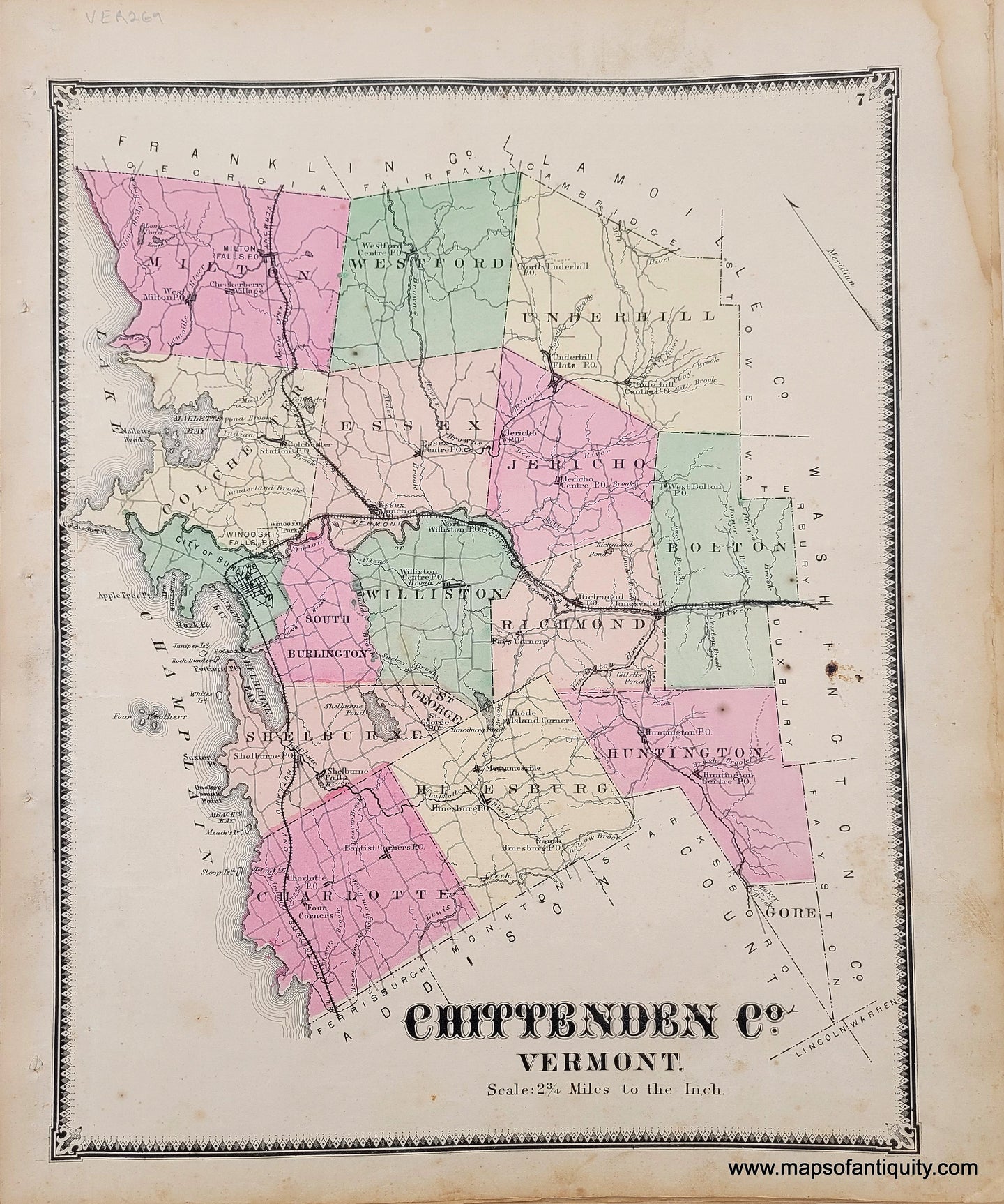 Genuine-Antique-Hand-colored-Map-Chittenden-Co.-Vermont-1869-Beers-Ellis-Soule-Maps-Of-Antiquity