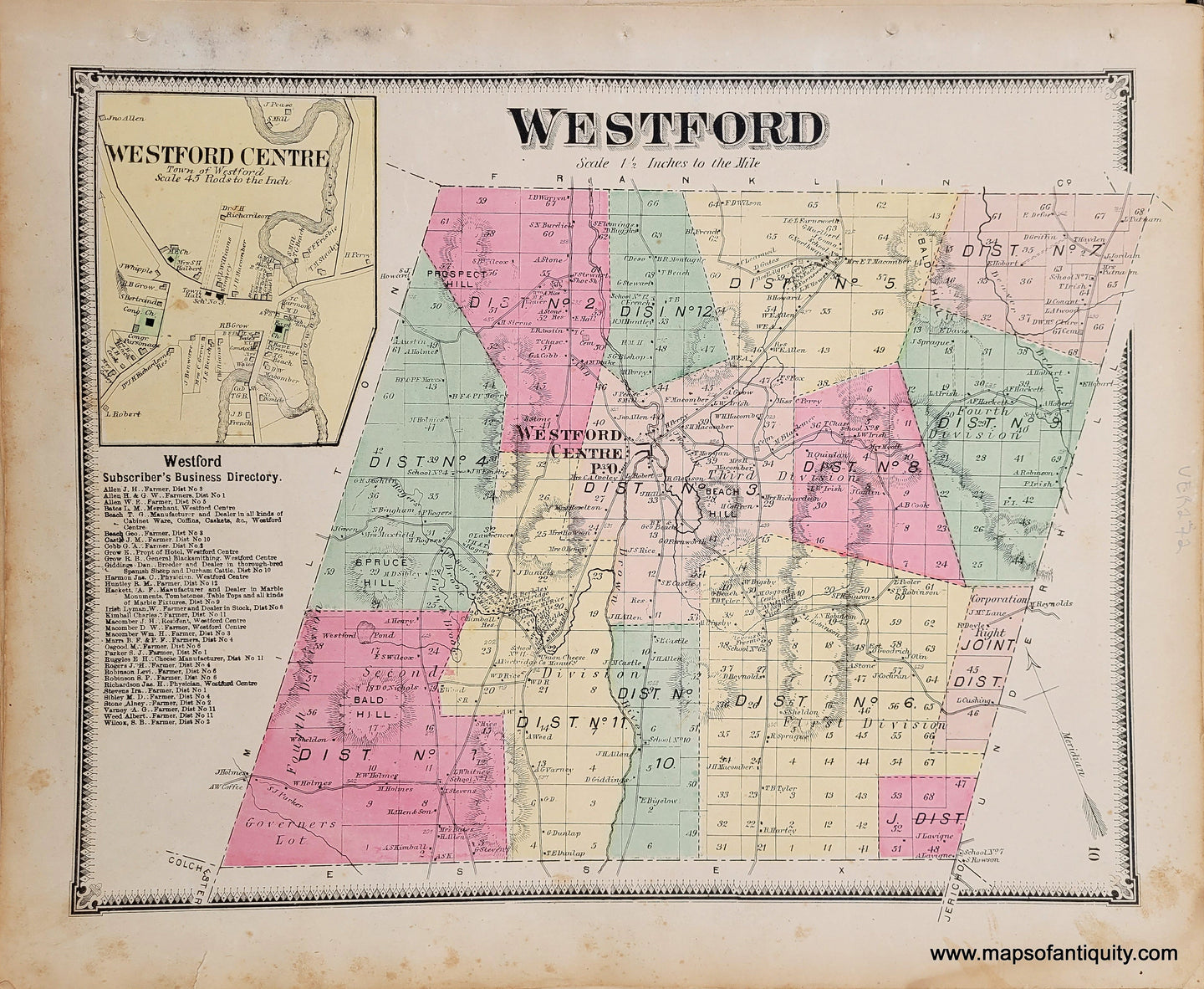 Genuine-Antique-Hand-colored-Map-Westford-VT--1869-Beers-Ellis-Soule-Maps-Of-Antiquity