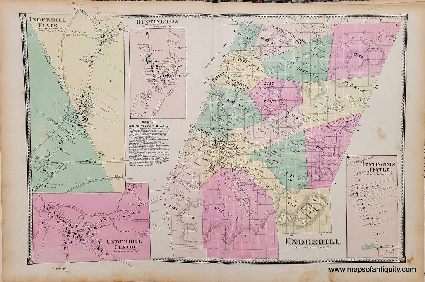 Genuine-Antique-Hand-colored-Map-Underhill-VT-with-parts-of-Huntington-1869-Beers-Ellis-Soule-Maps-Of-Antiquity