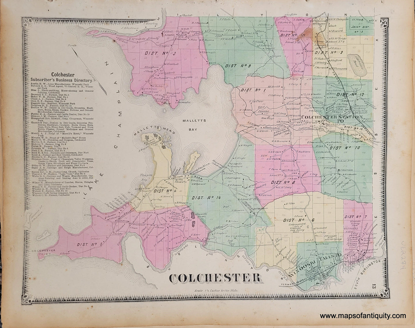 Genuine-Antique-Hand-colored-Map-Colchester-VT--1869-Beers-Ellis-Soule-Maps-Of-Antiquity