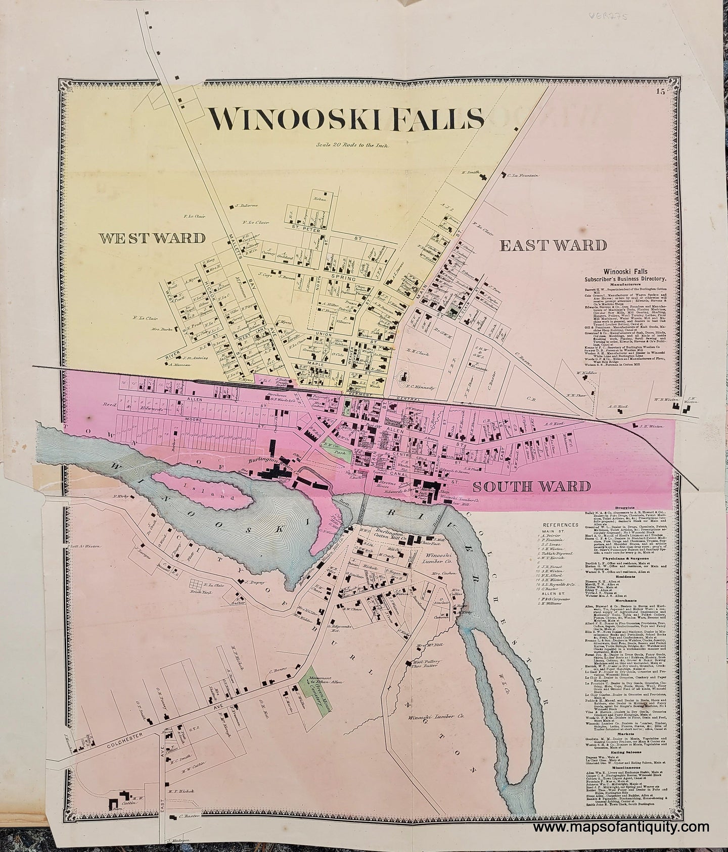 Genuine-Antique-Hand-colored-Map-Winooski-Falls-VT--1869-Beers-Ellis-Soule-Maps-Of-Antiquity