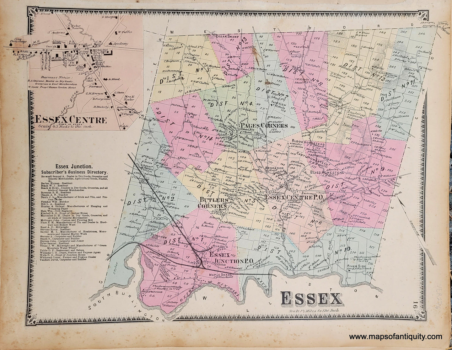 Genuine-Antique-Hand-colored-Map-Essex-VT--1869-Beers-Ellis-Soule-Maps-Of-Antiquity
