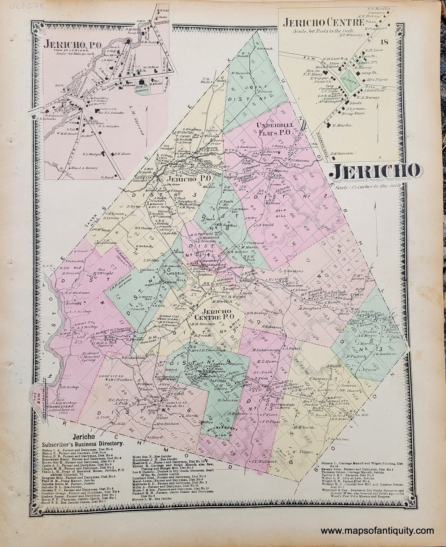 Genuine-Antique-Hand-colored-Map-Jericho-VT--1869-Beers-Ellis-Soule-Maps-Of-Antiquity