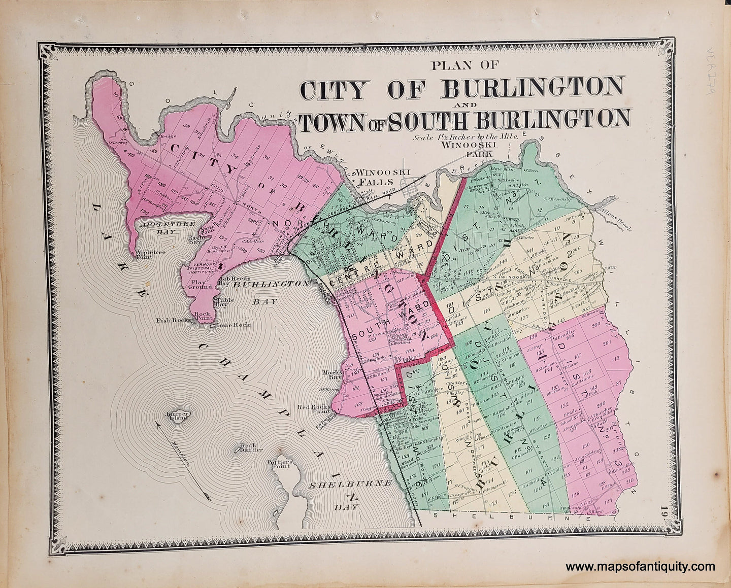 Genuine-Antique-Hand-colored-Map-Plan-of-the-City-of-Burlington-and-Town-of-South-Burlington-1869-Beers-Ellis-Soule-Maps-Of-Antiquity