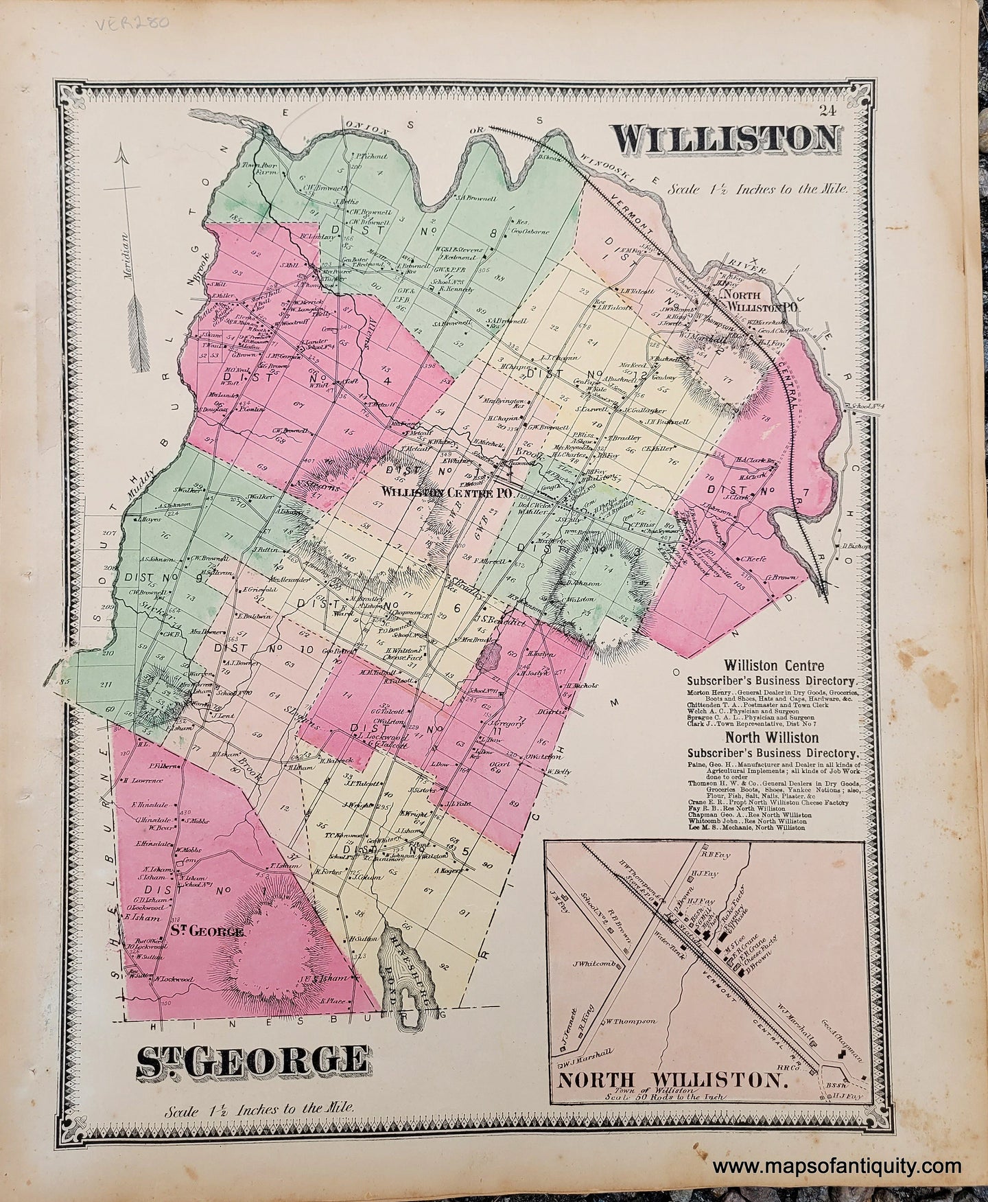 Genuine-Antique-Hand-colored-Map-Williston-and-St.-George-VT--1869-Beers-Ellis-Soule-Maps-Of-Antiquity