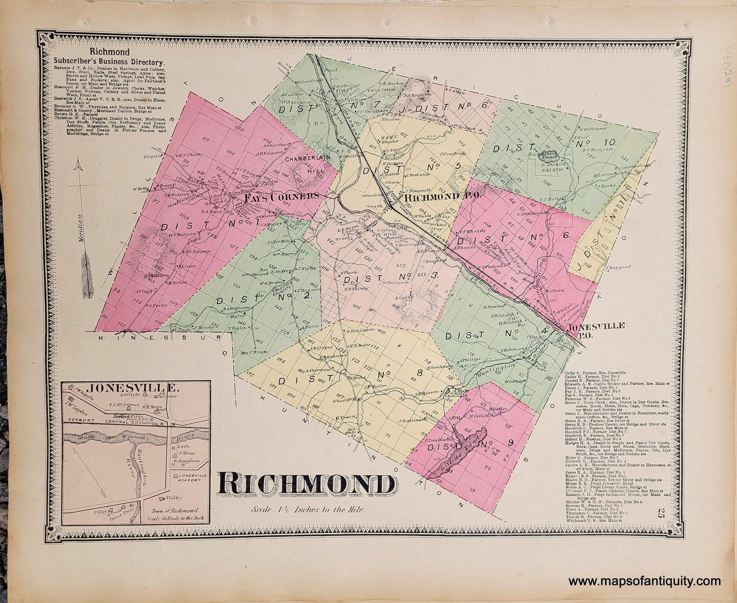 Genuine-Antique-Hand-colored-Map-Richmond-VT--1869-Beers-Ellis-Soule-Maps-Of-Antiquity