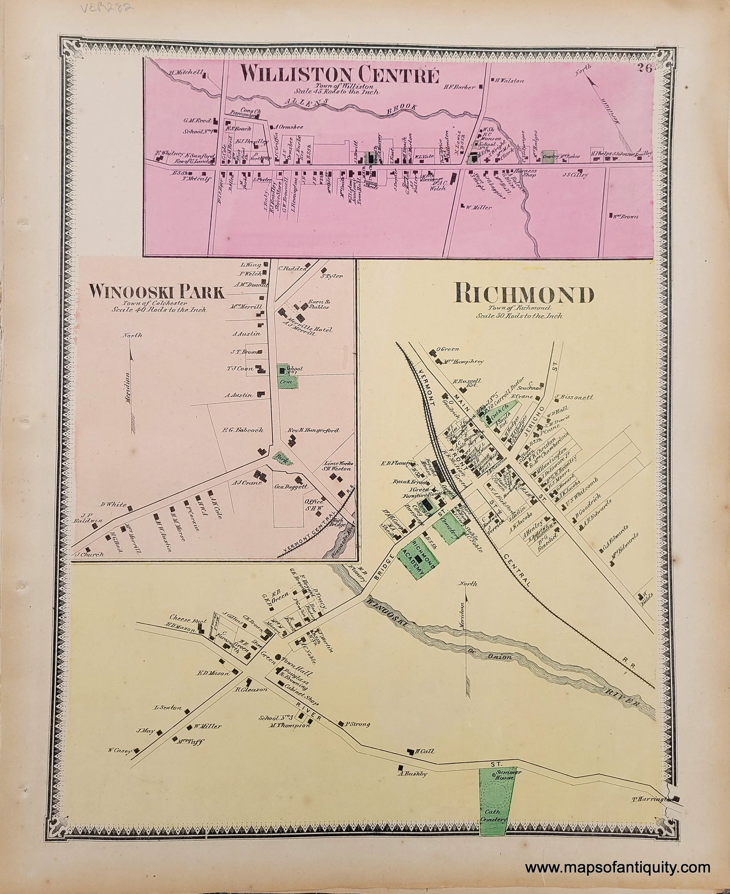Genuine-Antique-Hand-colored-Map-Williston-Centre-Winooski-Park-and-Richmond-VT--1869-Beers-Ellis-Soule-Maps-Of-Antiquity