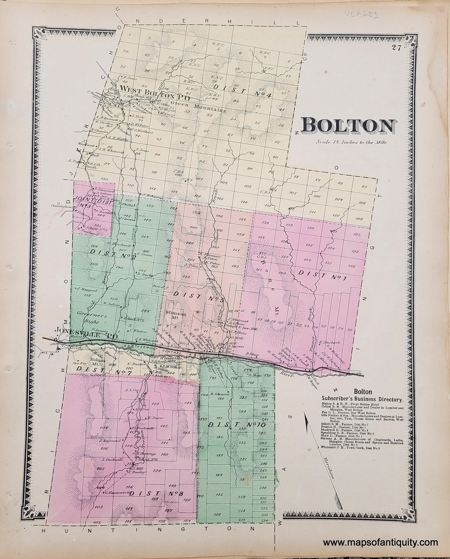 Genuine-Antique-Hand-colored-Map-Bolton-VT--1869-Beers-Ellis-Soule-Maps-Of-Antiquity