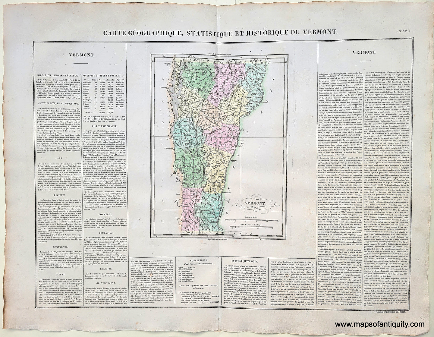 Genuine-Antique-Map-Carte-Geographique-Statistique-et-Historique-du-Vermont-1825-Buchon-Maps-Of-Antiquity