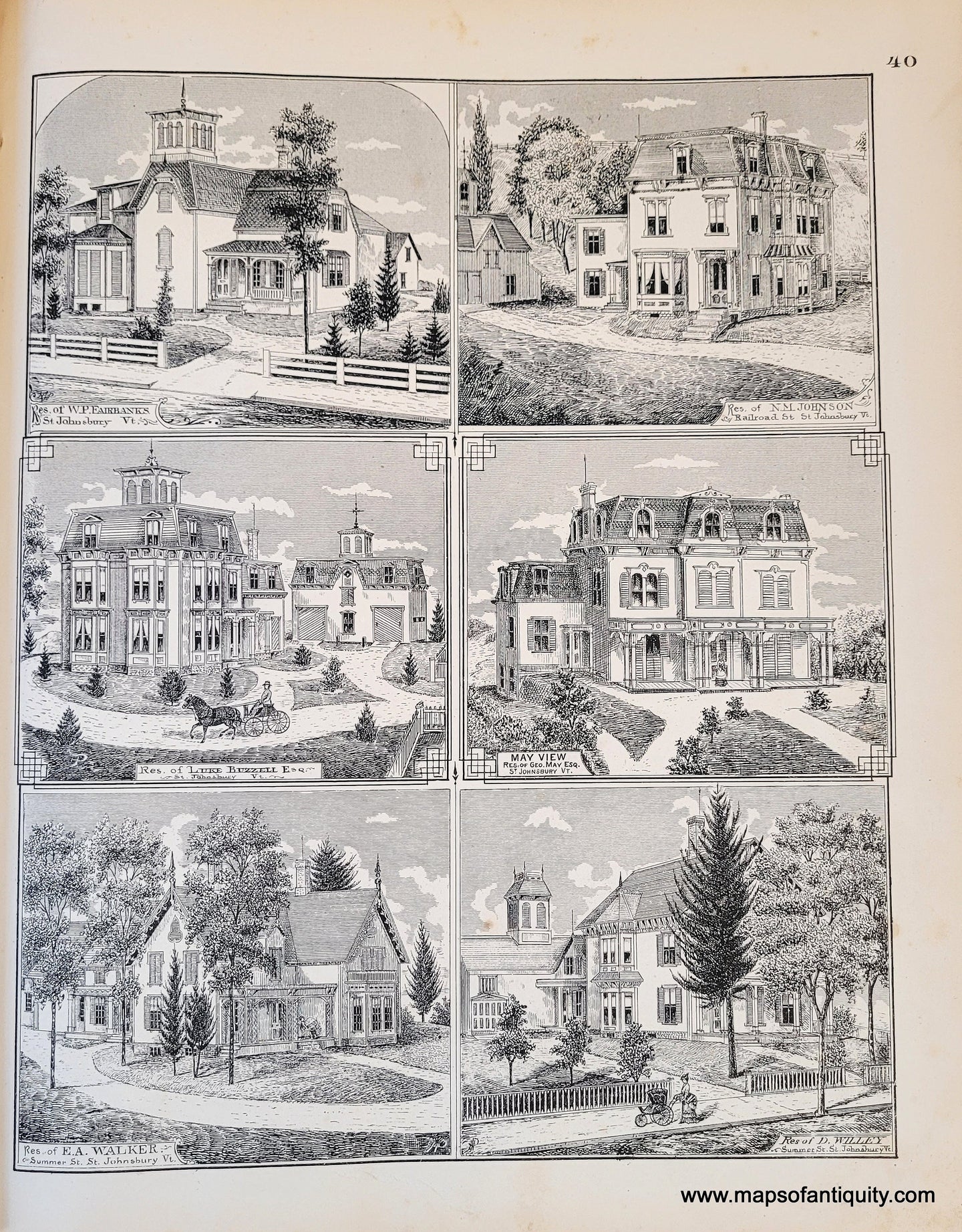 Genuine-Antique-Print-Page-of-Illustrations-Residences-in-St-Johnsbury-VT-1875-Beers-Maps-Of-Antiquity