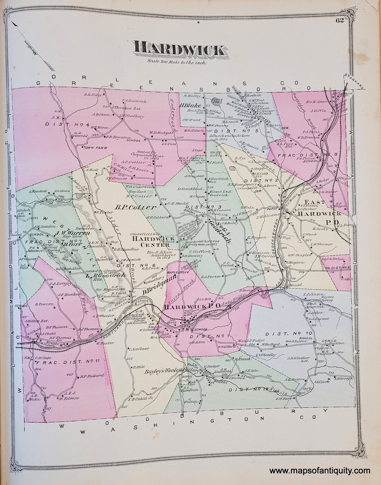 Genuine-Antique-Map-Hardwick-VT--1875-Beers-Maps-Of-Antiquity