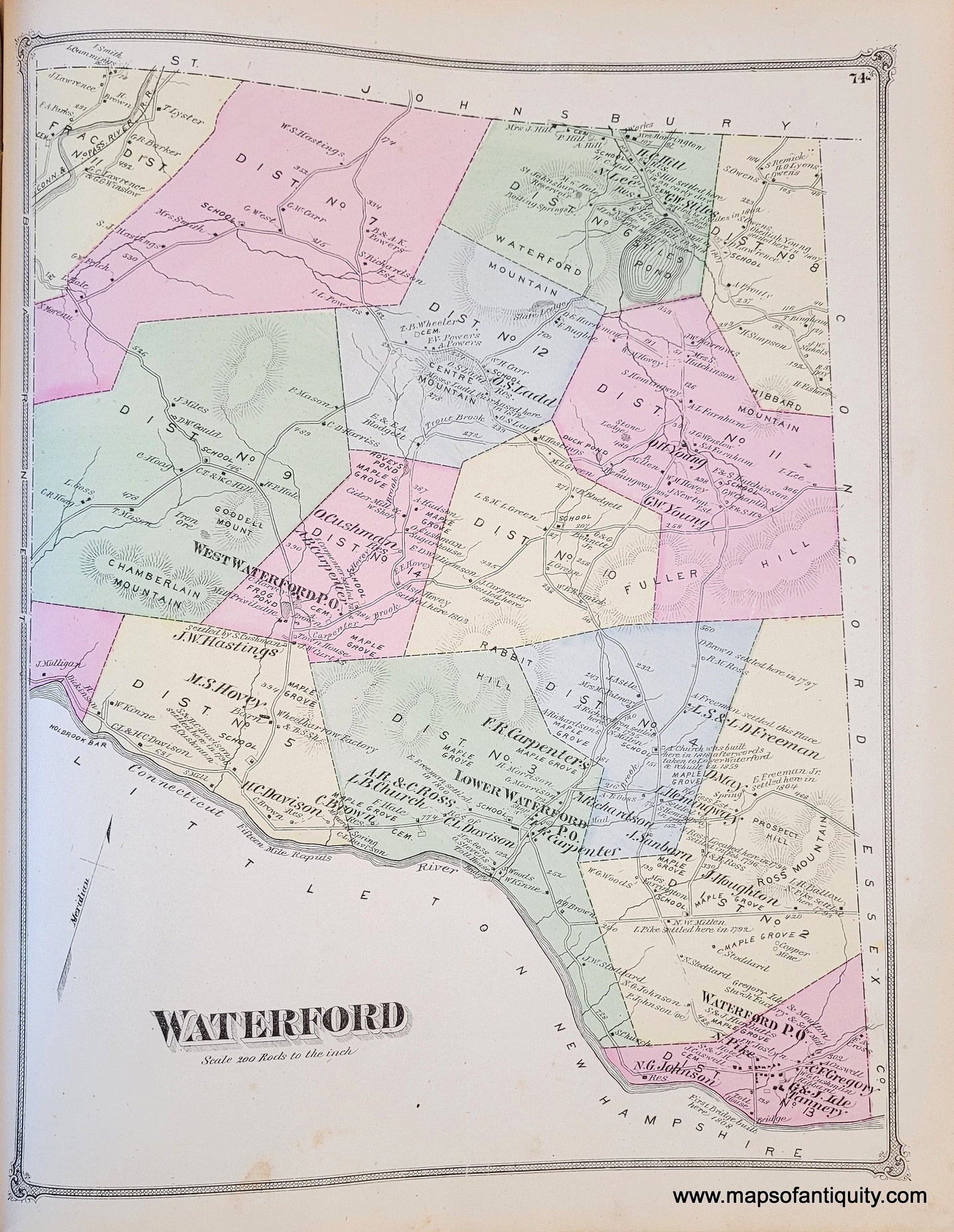 Genuine-Antique-Map-Waterford-VT--1875-Beers-Maps-Of-Antiquity