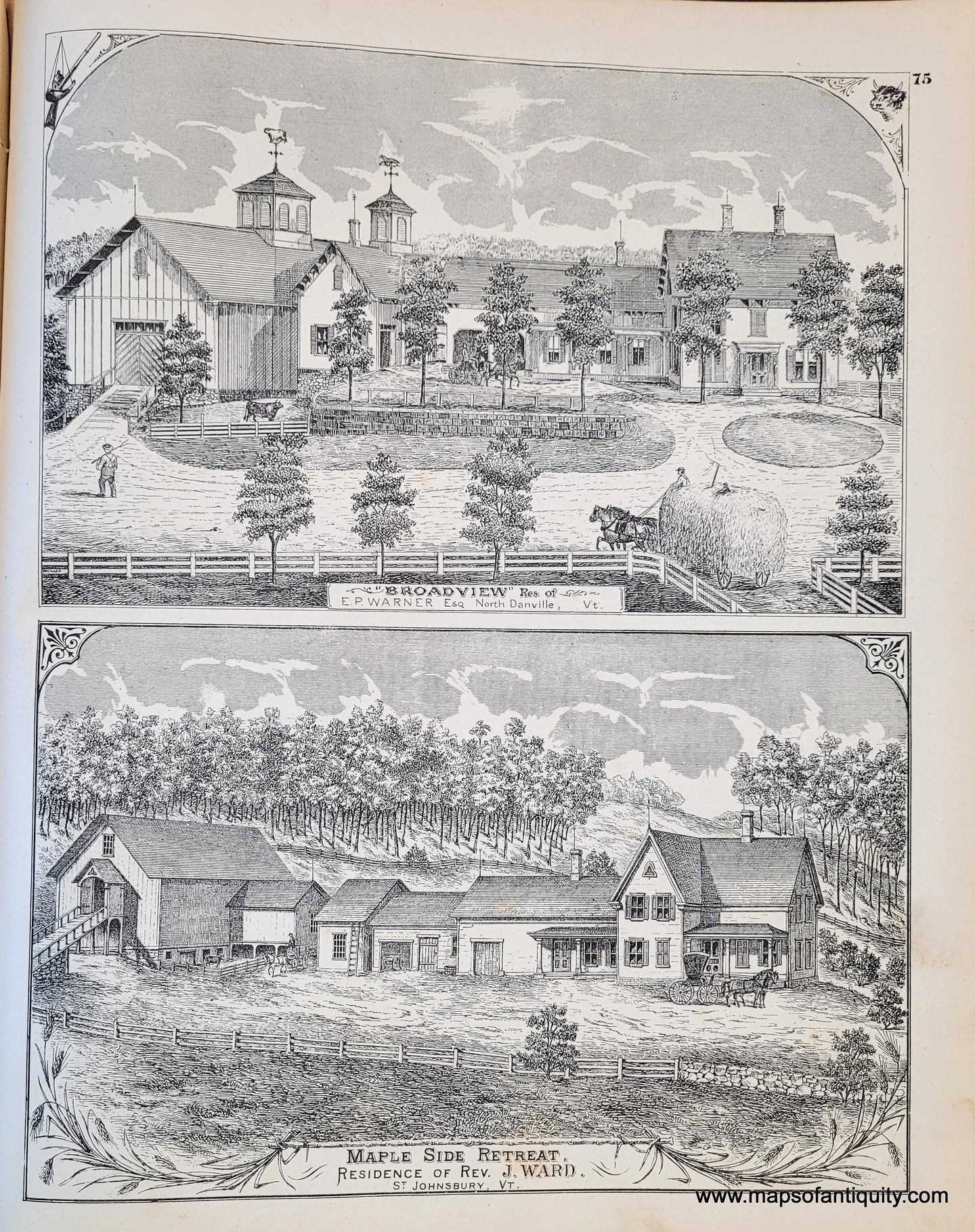 Genuine-Antique-Print-Page-of-Illustrations-Broadview-in-North-Danville-and-Maple-Side-Retreat-in-St-Johnsbury-VT--1875-Beers-Maps-Of-Antiquity