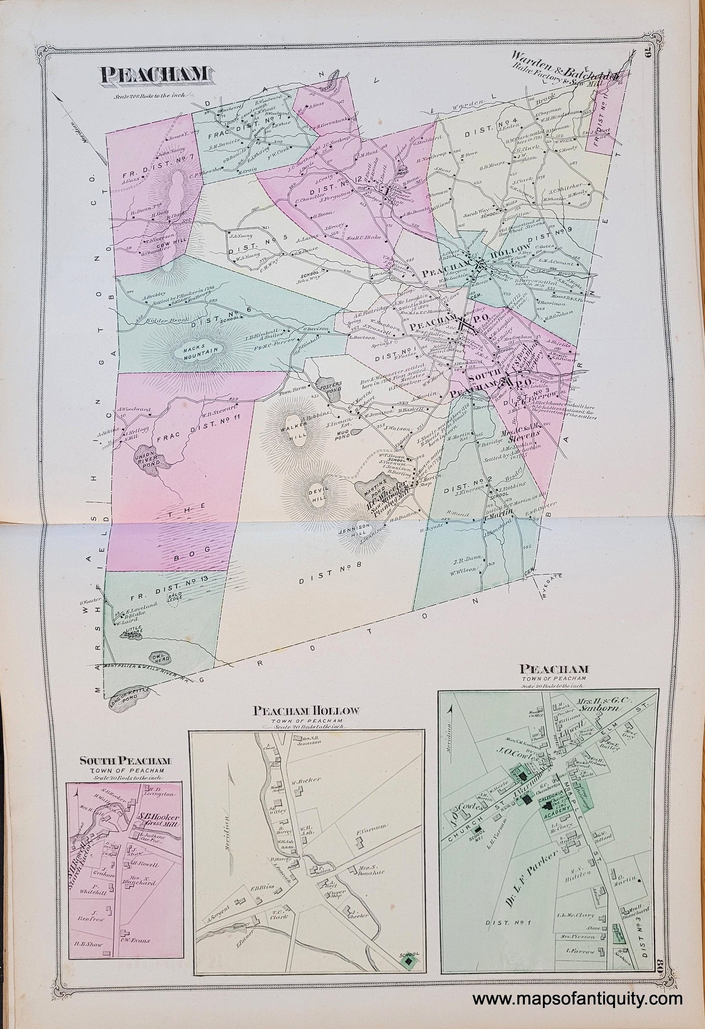 Genuine-Antique-Map-Peacham-VT--1875-Beers-Maps-Of-Antiquity