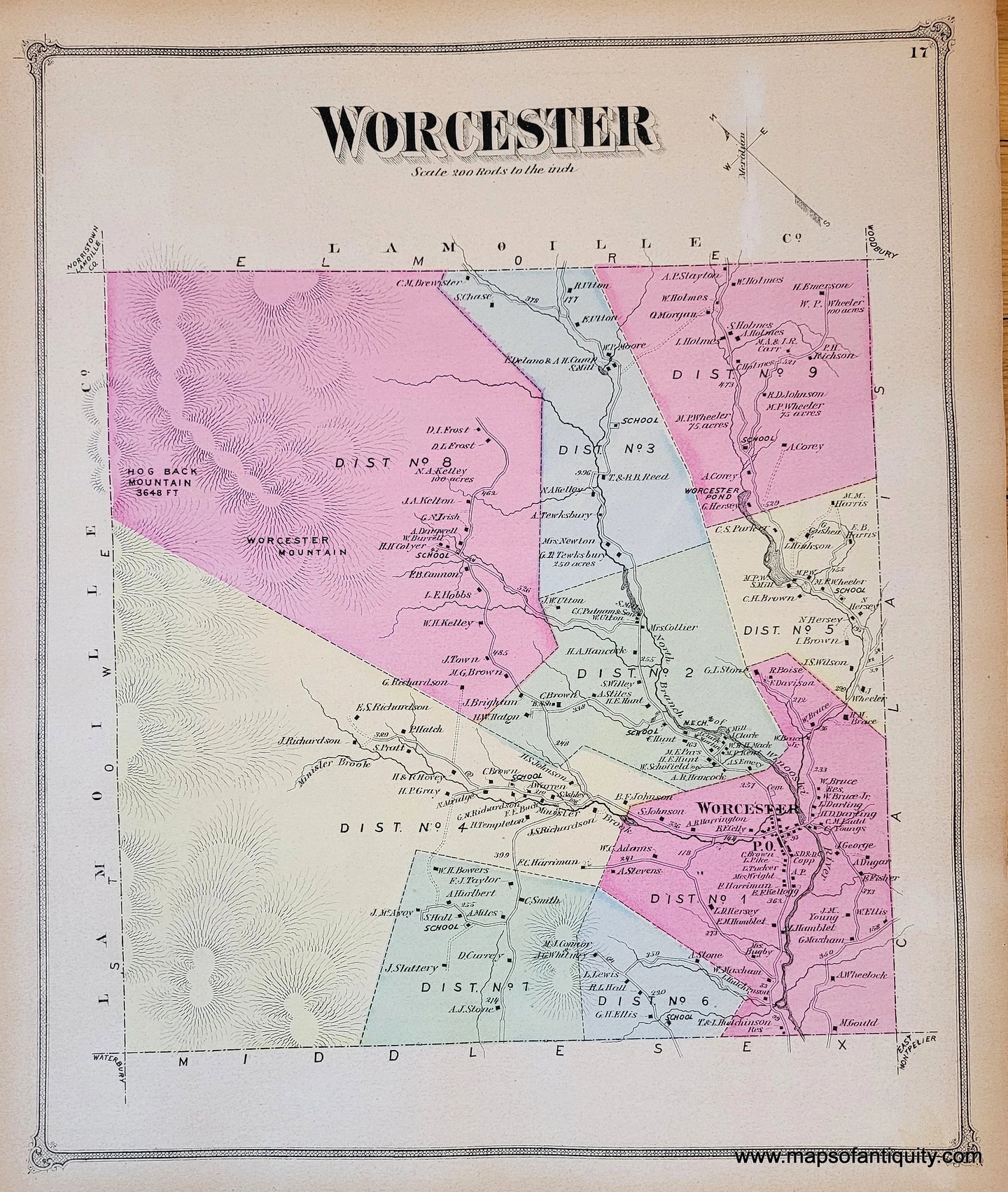 Genuine-Antique-Map-Worcester-VT-Vermont-1873-Beers-Maps-Of-Antiquity
