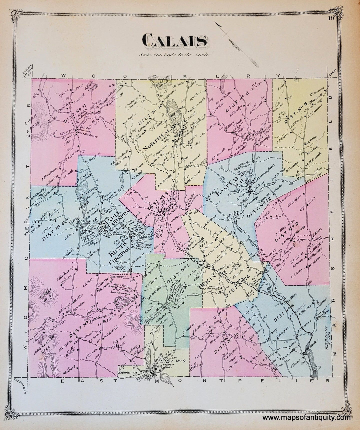 Genuine-Antique-Map-Calais-VT-Vermont-1873-Beers-Maps-Of-Antiquity