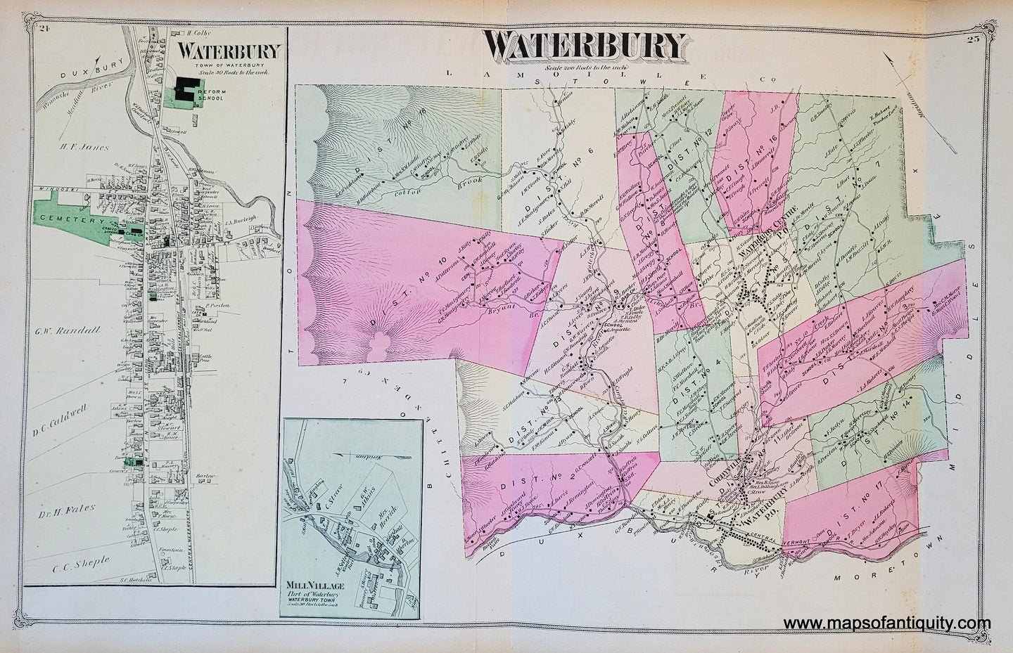 Genuine-Antique-Map-Waterbury-VT-Vermont-with-villages-of-Middlesex-Marshfield-Calais-and-Worcester-VT-1873-Beers-Maps-Of-Antiquity
