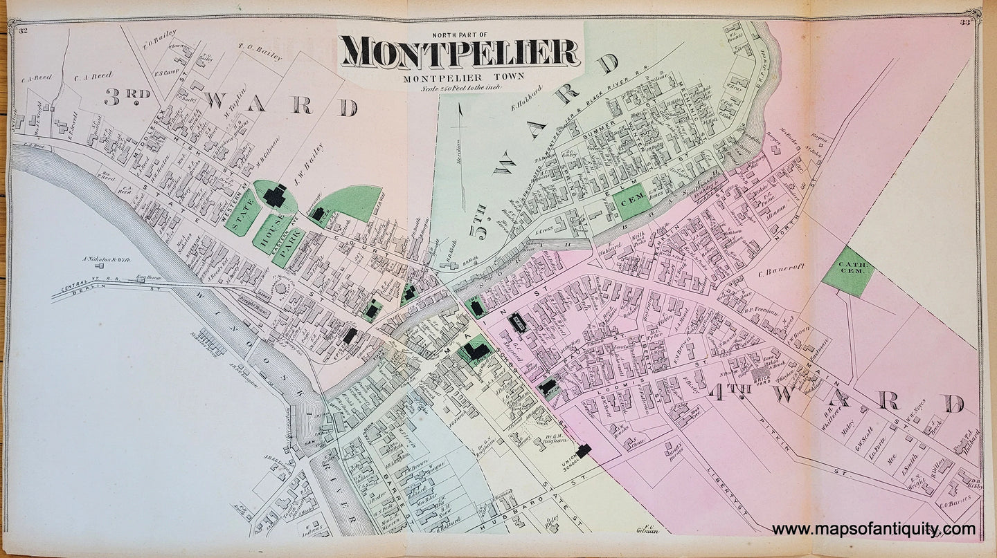 Genuine-Antique-Map-North-Part-of-Montpelier-VT-Vermont-1873-Beers-Maps-Of-Antiquity