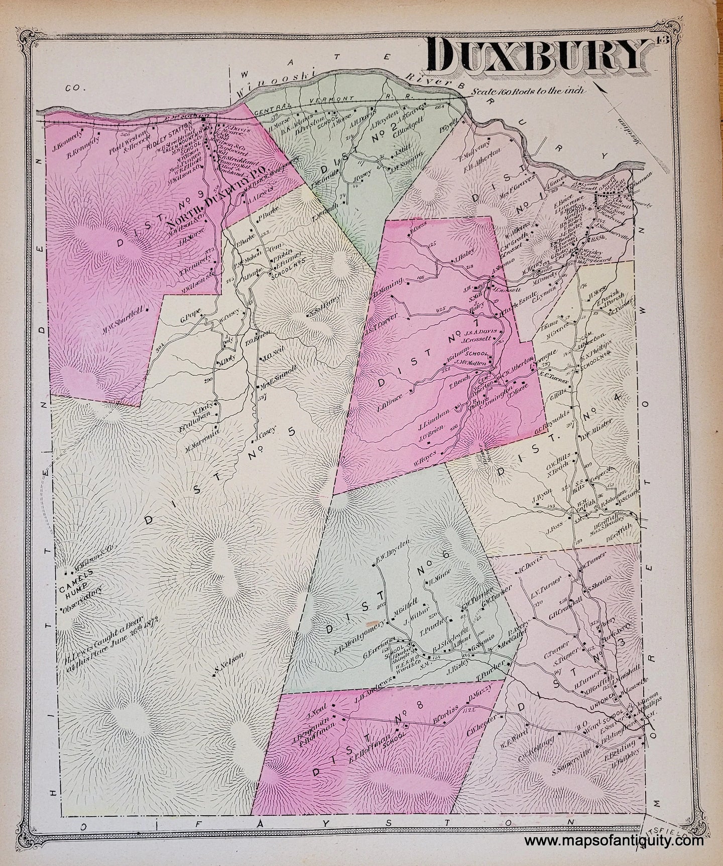 Genuine-Antique-Map-Duxbury-VT-Vermont-1873-Beers-Maps-Of-Antiquity