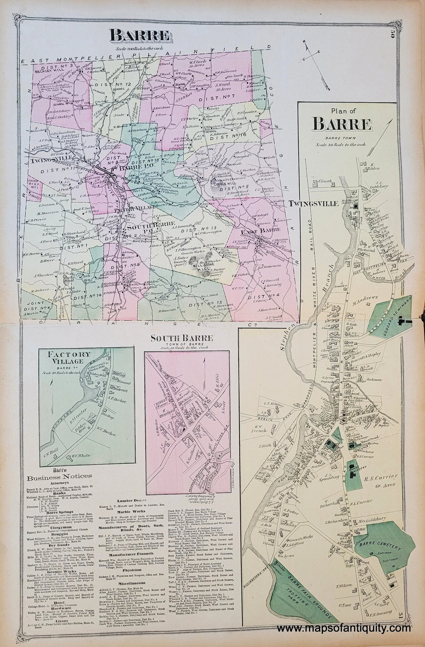 Genuine-Antique-Map-Barre-VT-Vermont-1873-Beers-Maps-Of-Antiquity