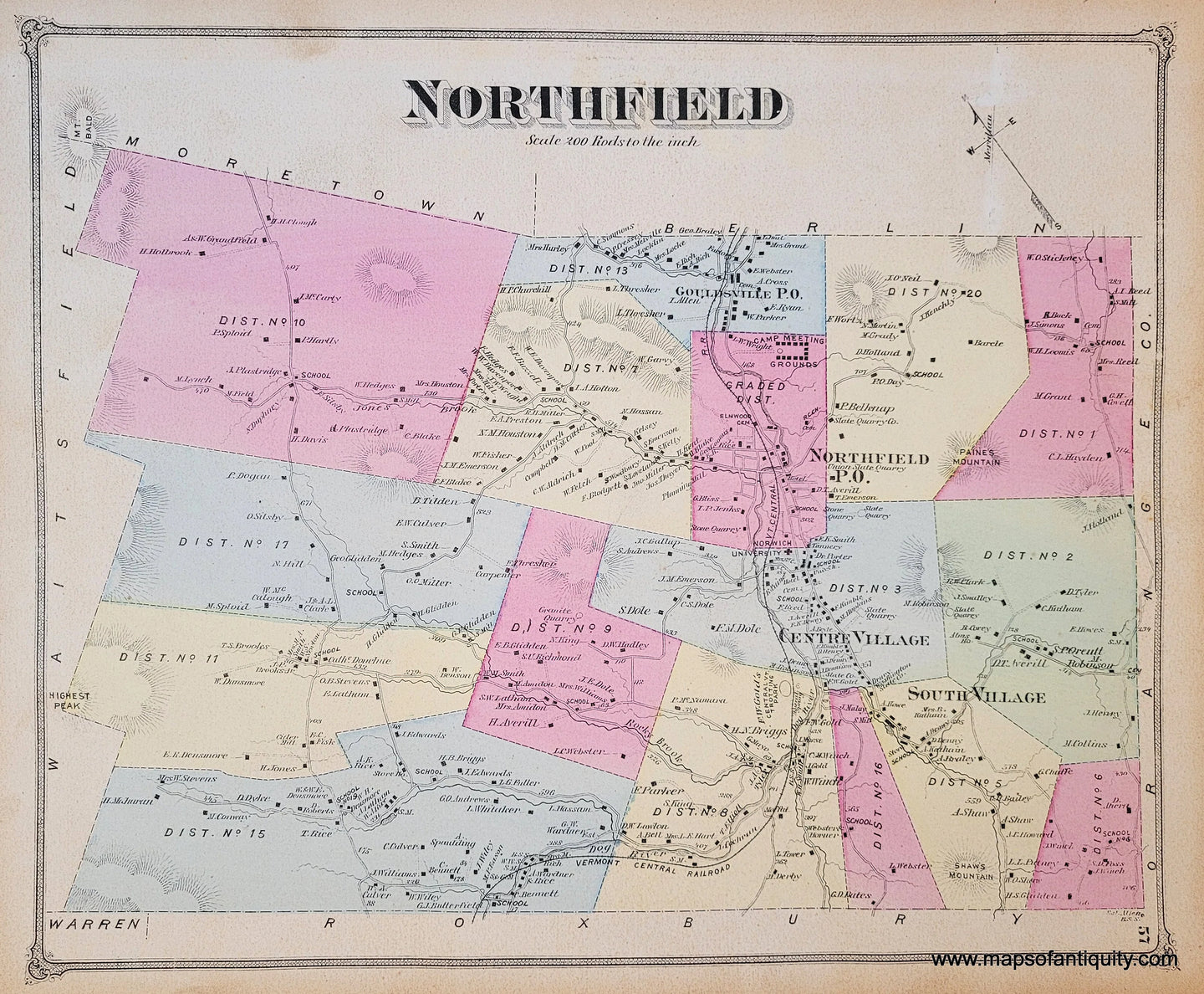 Genuine-Antique-Map-Northfield-VT-Vermont-1873-Beers-Maps-Of-Antiquity