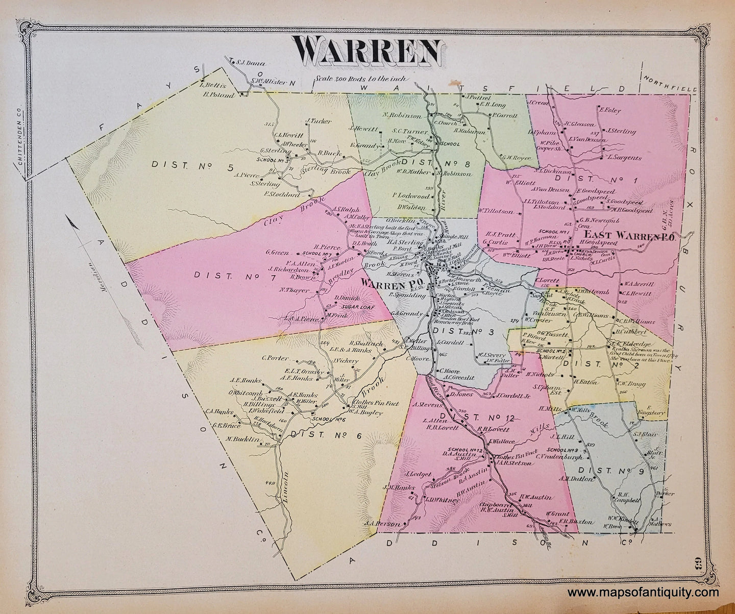 Genuine-Antique-Map-Warren-VT-Vermont-1873-Beers-Maps-Of-Antiquity
