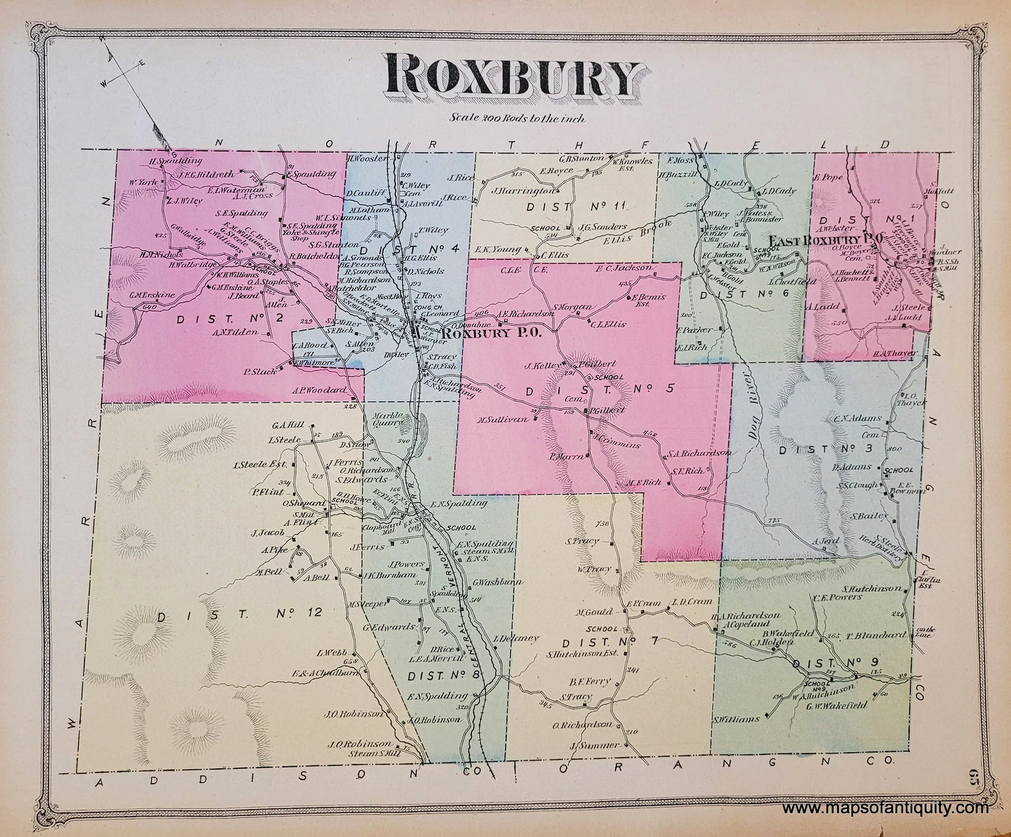 Genuine-Antique-Map-Roxbury-VT-Vermont-1873-Beers-Maps-Of-Antiquity